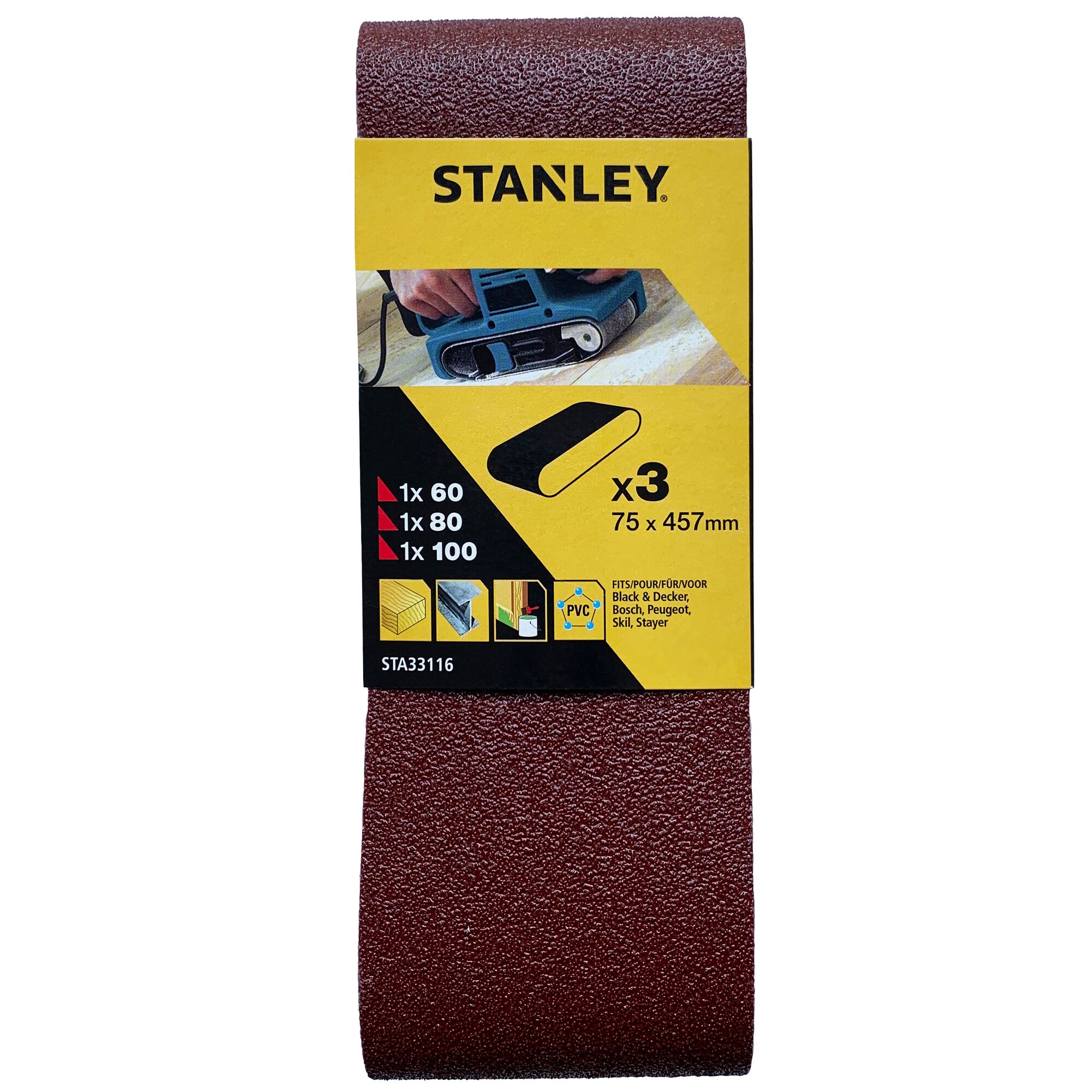 STANLEY STA33116 sanding belt pack, 75x457mm, set of 3, brown color, front view on white background.